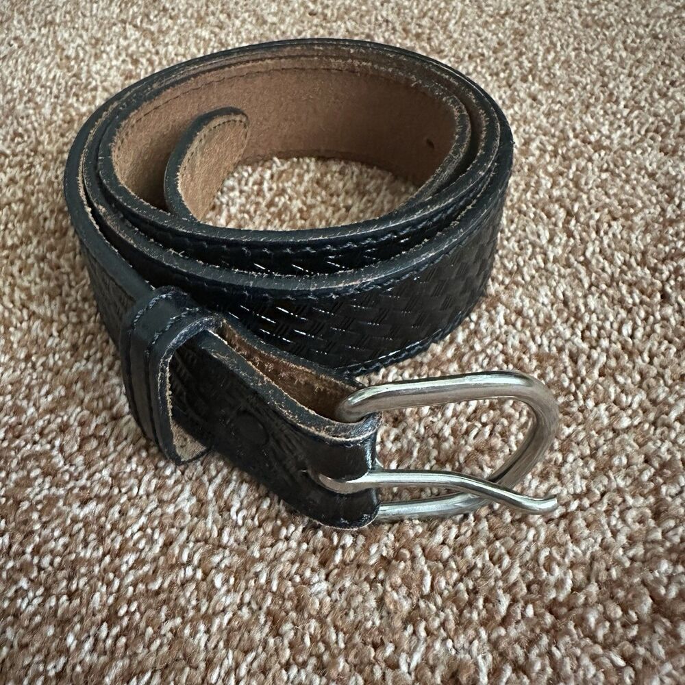 VTG Tex Tan Leather Belt Size 42 Black Embossed Woven Western Classic USA Made